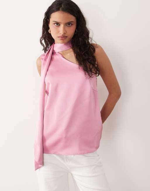 YAS - Top monospalla in raso rosa con dettaglio foulard