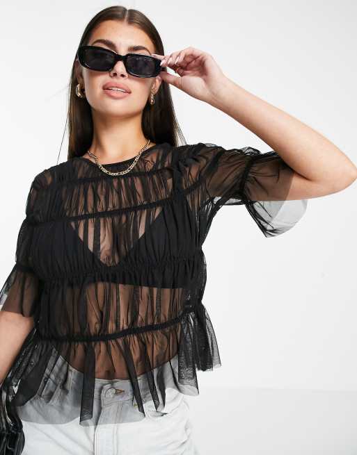 Y.A.S - Top nero trasparente con dettagli arricciati