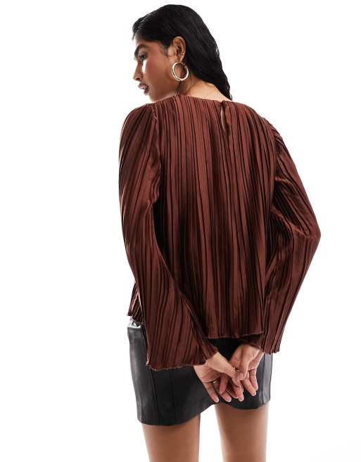 Y.A.S - Top plissé con maniche oversize a campana marrone cioccolato intenso, 3 di 4