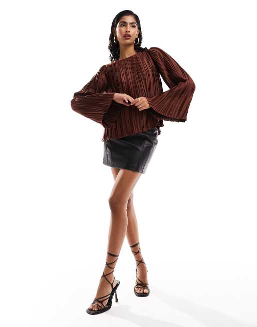 Y.A.S - Top plissé con maniche oversize a campana marrone cioccolato intenso, 4 di 4