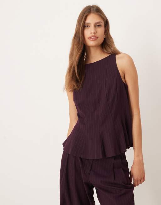  YAS - Top sartoriale bordeaux gessato con fondo a peplo in coordinato