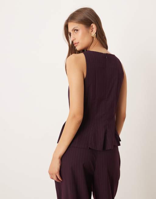  YAS - Top sartoriale bordeaux gessato con fondo a peplo in coordinato, 4 di 4