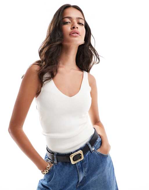 YAS - Top senza maniche in maglia color crema