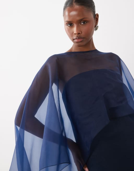 YAS trägerloses Satin-Maxikleid mit transparentem Cape in Marineblau, 4 von 4