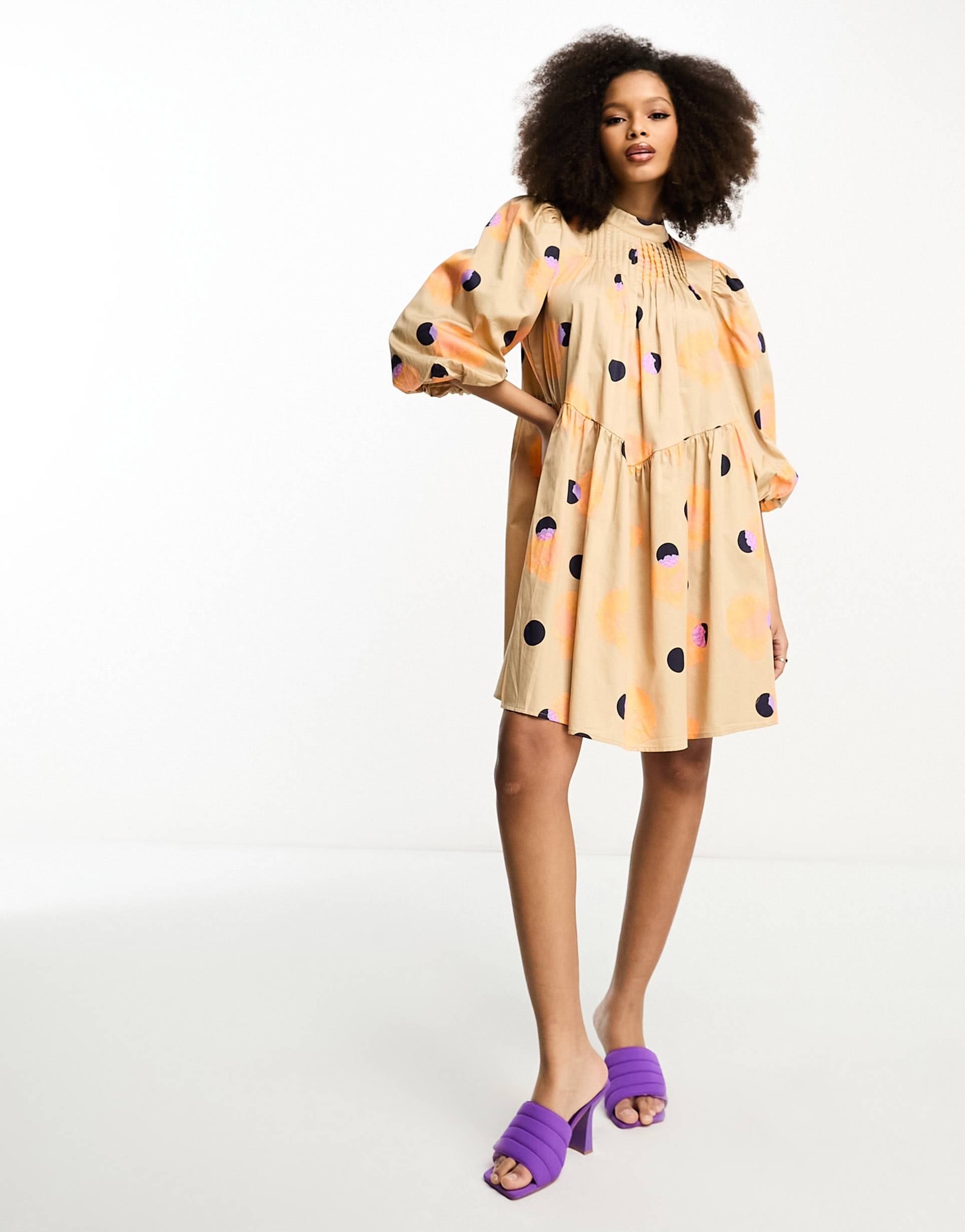 y.a.s trapeze smock mini dress in spot print