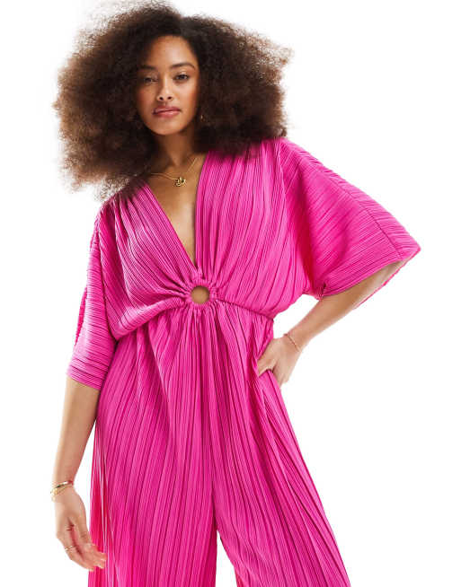 YAS - Tuta jumpsuit a fondo ampio rosa plissé con maniche ampie, 3 di 4