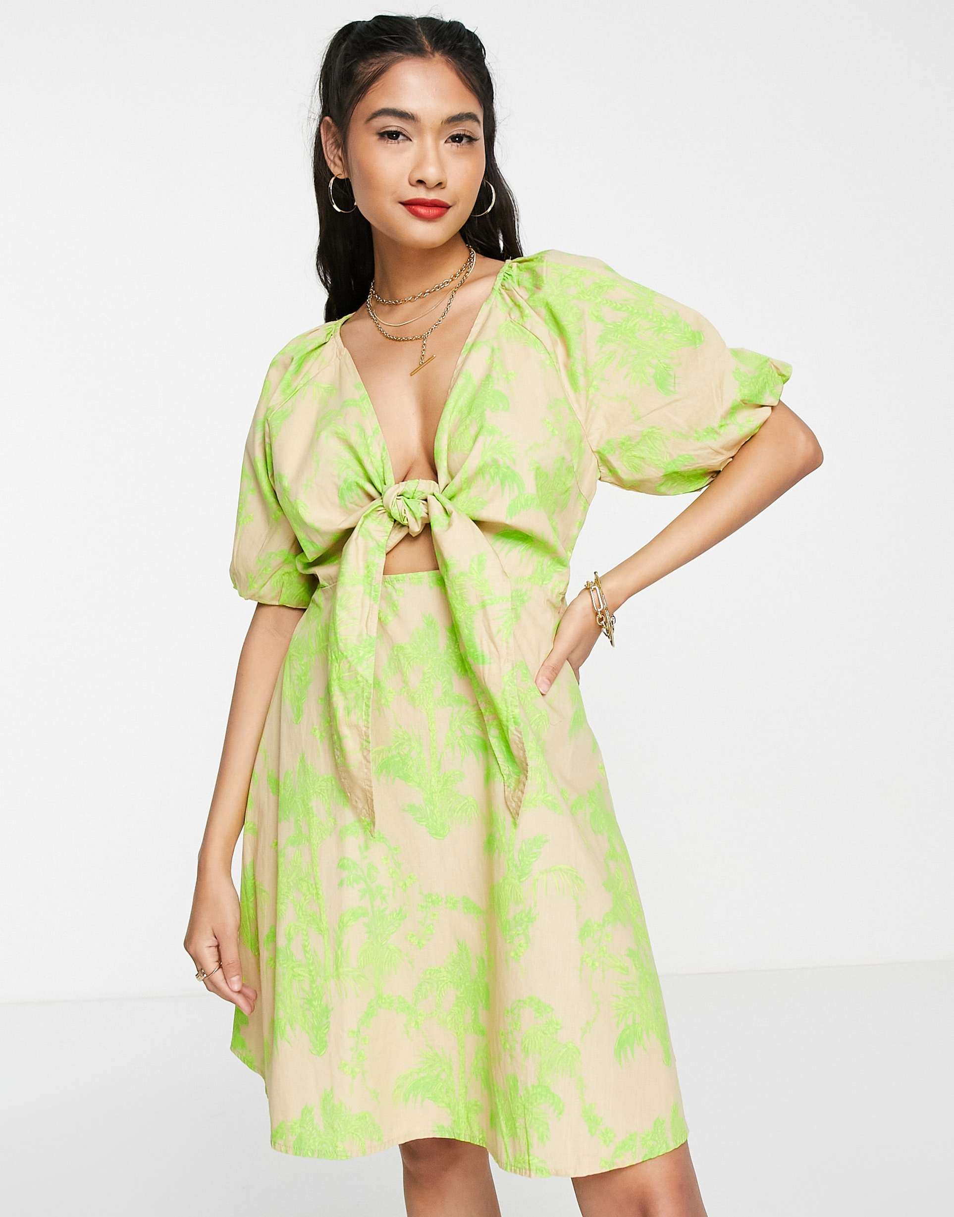 y.a.s twist front tropical print mini dress in neutral