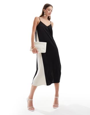 Shop Y.a.s. Two Tone Satin Strap Midi Dress In Black