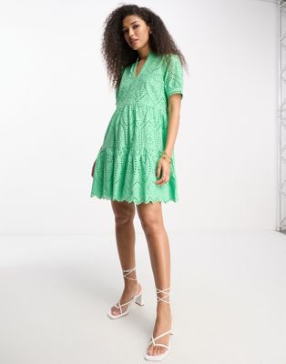 Y.a.s. V Neck Broderie Mini Dress In Green