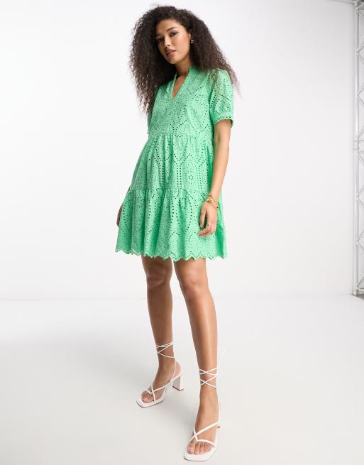 Y.A.S v neck broderie mini dress in green | ASOS