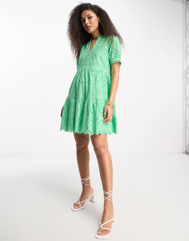 Y.A.S - v neck broderie mini dress in green