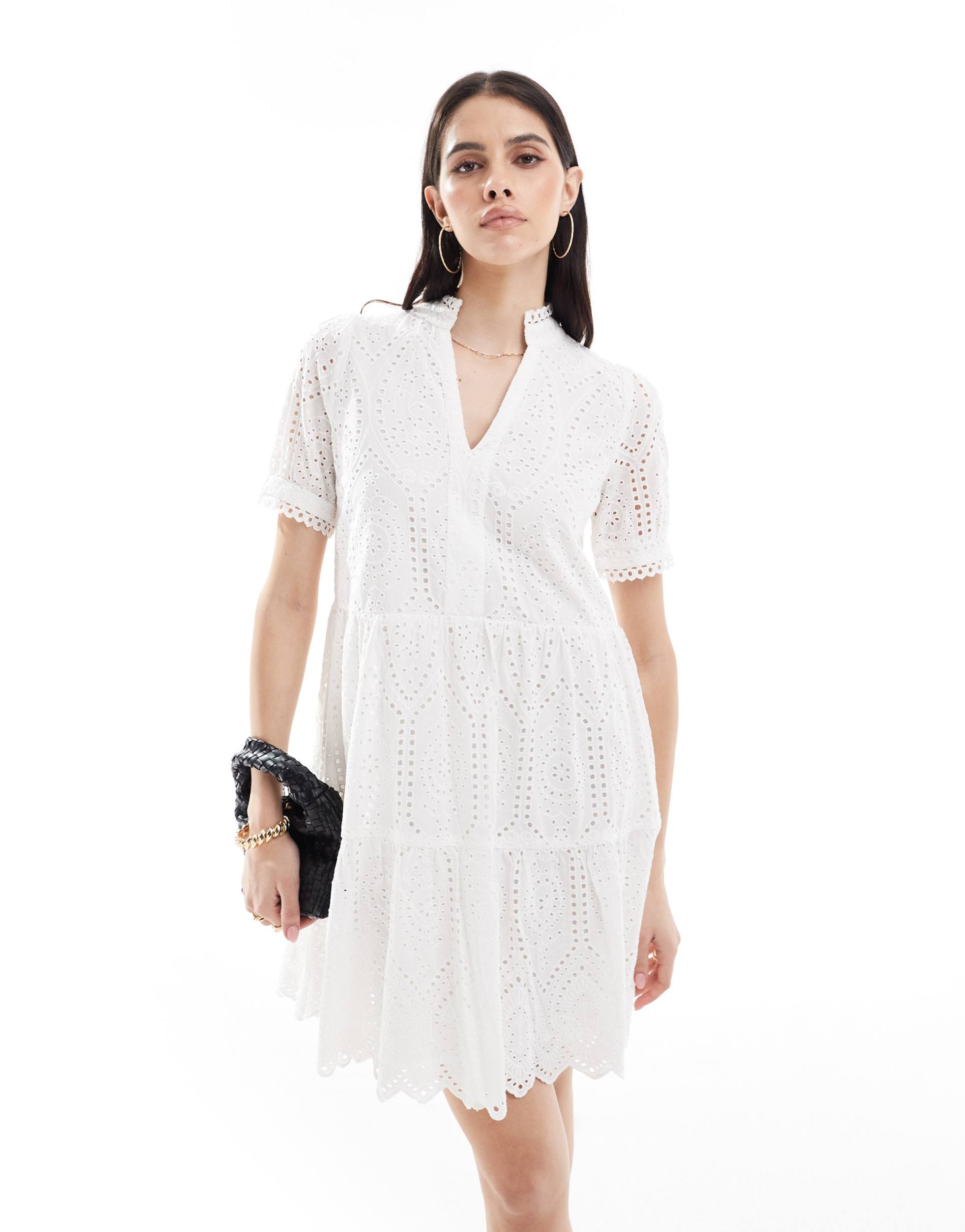 yas v neck eyelet mini dress in white