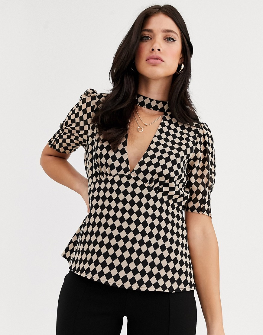 Y.A.S v neck geo print top with puff sleeve-Multi