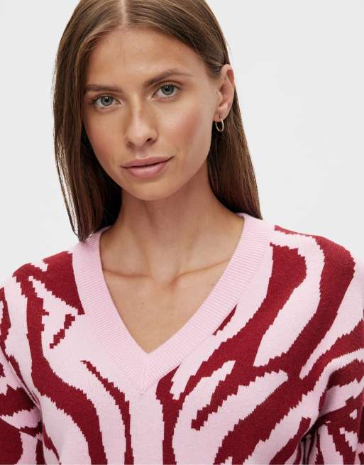 Y.A.S v neck jumper in pink animal print ASOS