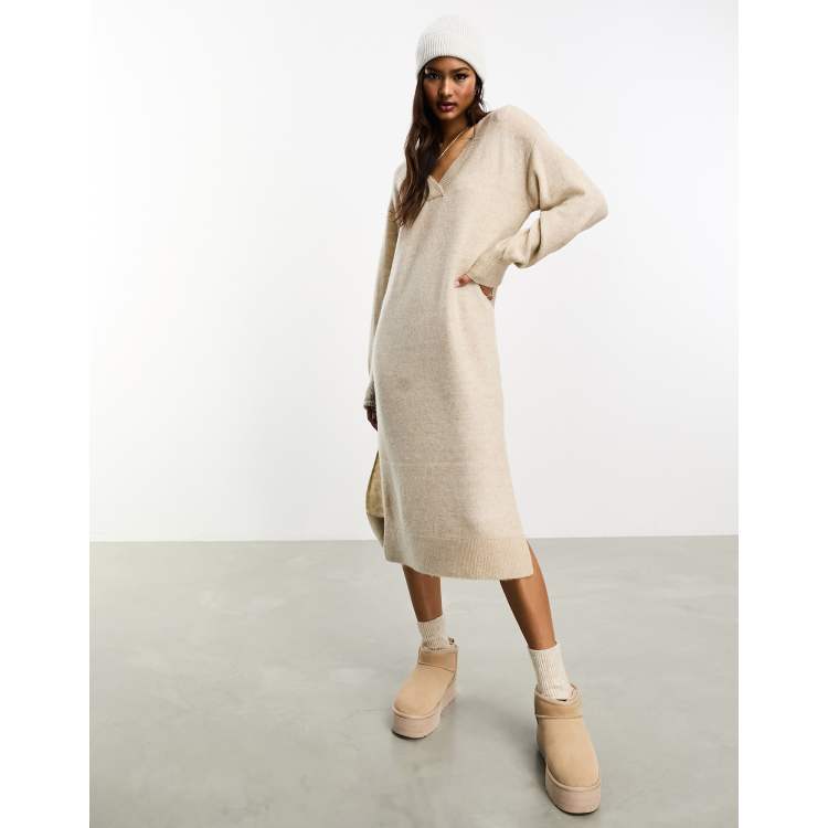 Y.A.S v neck knitted sweater dress in oatmeal