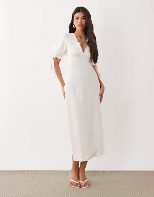 Y.a.s. V Neck Lace Trim Romantic Satin Midi Dress With Tie Sleeve Details In White