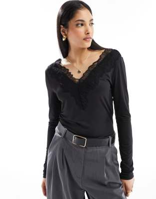 YAS YAS v neck long sleeve top with lace detail in black - BLACK