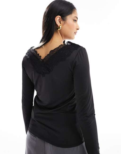 YAS v neck long sleeve top with lace detail in black - BLACK, 3 of 4