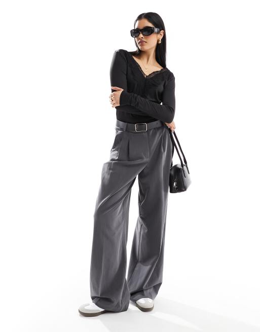 YAS v neck long sleeve top with lace detail in black - BLACK, 4 of 4