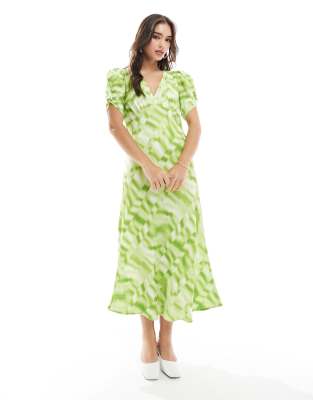 YAS v-neck midi dress in green tie dye