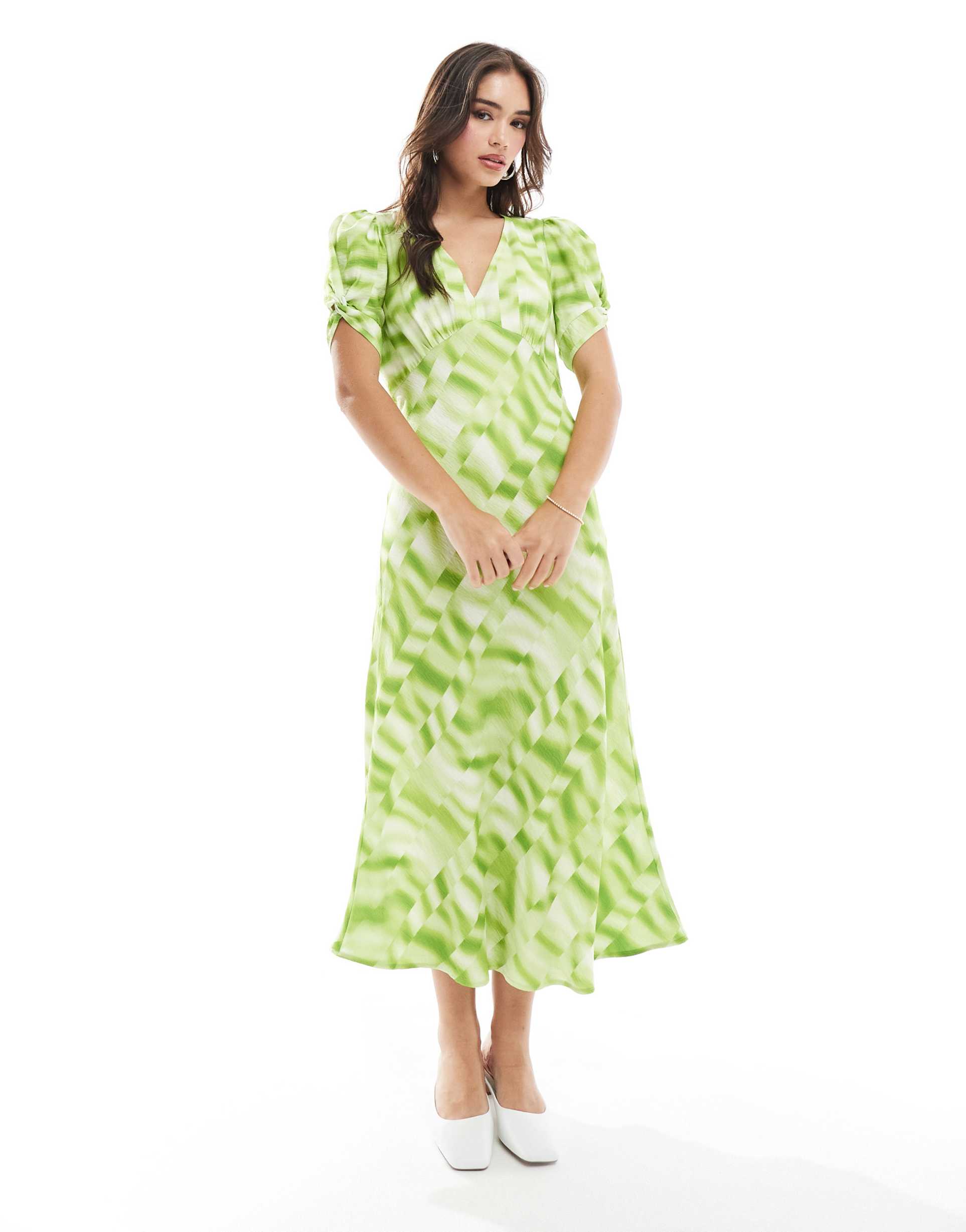 yas v-neck midi dress in green tie dye