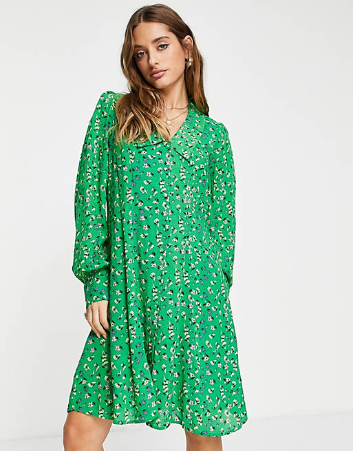 Y.A.S v neck mini dress in bright green print
