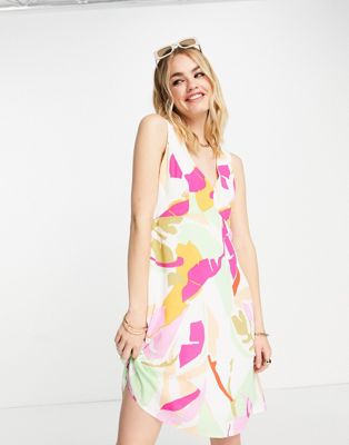 Y.A.S v-neck mini dress in bright pink & green print