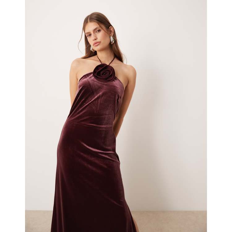 YAS velvet halterneck maxi dress with rosette in burgundy | ASOS