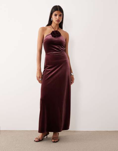 YAS velvet halterneck maxi dress with rosette in burgundy