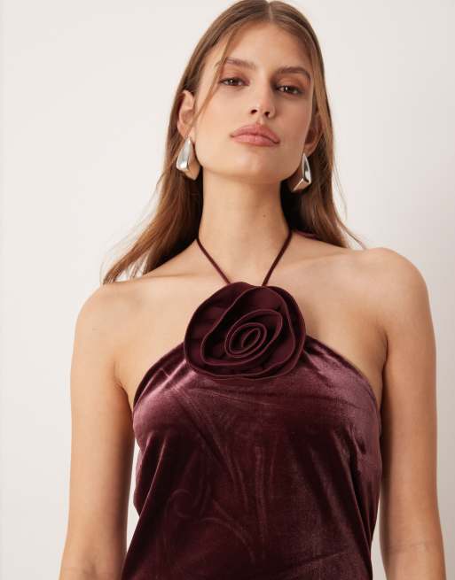 YAS velvet halterneck maxi dress with rosette in burgundy, 2 of 4