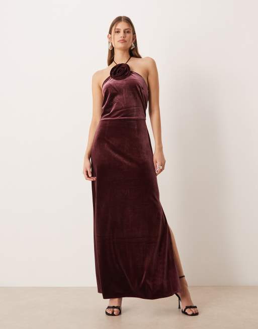 YAS velvet halterneck maxi dress with rosette in burgundy | ASOS