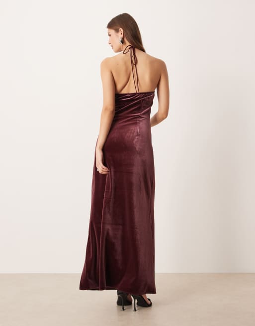 YAS velvet halterneck maxi dress with rosette in burgundy, 4 of 4