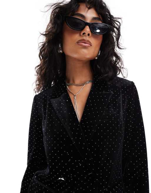 YAS velvet rhinestone blazer co-ord in black, 3 of 4