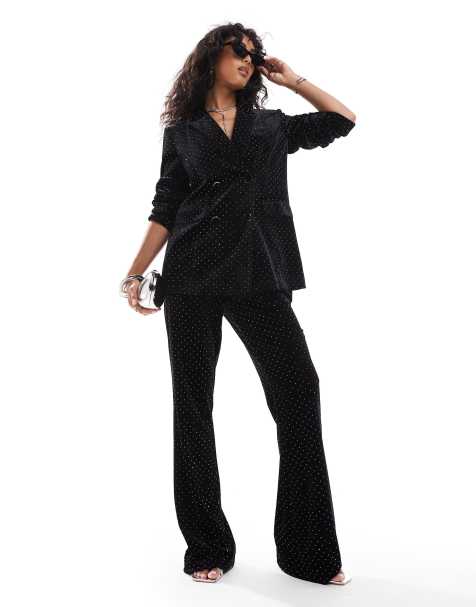 Y.A.S velvet rhinestone high waisted trouser and blazer co-ord in black - view 1