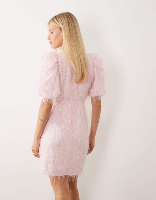 YAS - Vestido corto rosa bailarina con mangas abullonadas de lentejuelas, 4 de 4