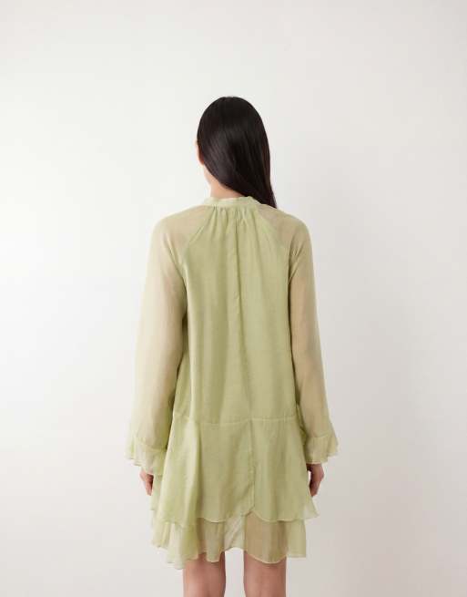 YAS - Vestido corto verde invierno de estilo boho y manga larga con lazada delantera, 3 de 4