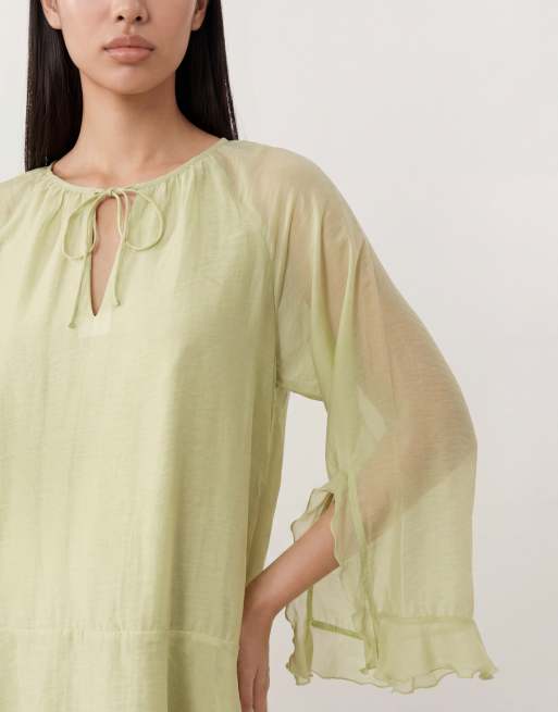 YAS - Vestido corto verde invierno de estilo boho y manga larga con lazada delantera, 4 de 4