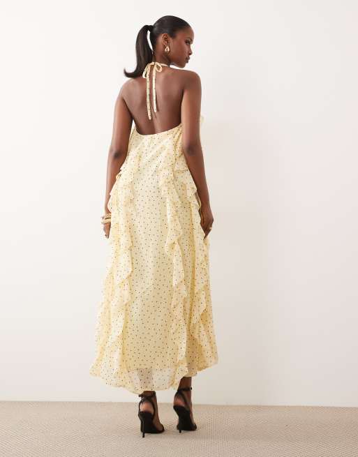 YAS - Vestido largo amarillo pálido con estampado de lunares, cuello halter y volantes, 4 de 4