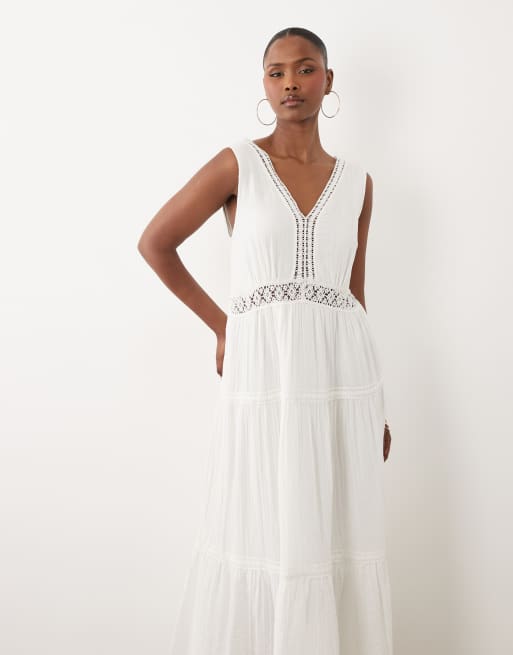 YAS - Vestido largo blanco sin mangas de algodón rugoso con aplicación de croché, 3 de 4
