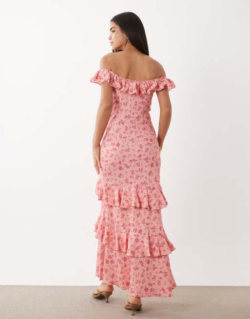 YAS - Vestido largo rosa con estampado floral, escote Bardot y volantes, 2 de 4