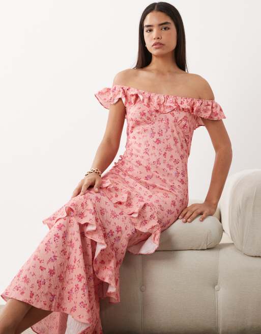 YAS - Vestido largo rosa con estampado floral, escote Bardot y volantes, 3 de 4