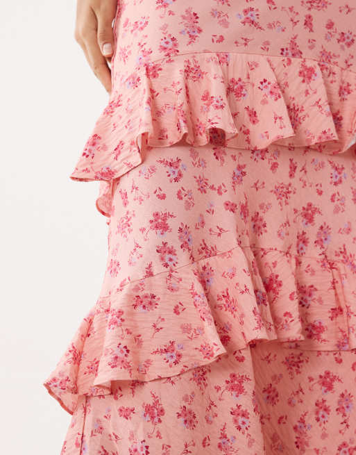 YAS - Vestido largo rosa con estampado floral, escote Bardot y volantes, 4 de 4