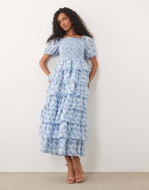 YAS - vestido maxi azul con estampado floral pequeño, mangas abullonadas y volante - view 1