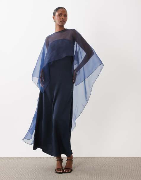 YAS - vestido maxi bandeau de satén con capa transparente en azul marino - view 1