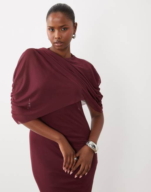 YAS - vestido maxi burdeos con detalle de capa drapeada, 2 de 4