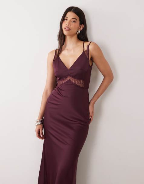 YAS vestido maxi lencero satinado con inserto de encaje en burdeos - view 1