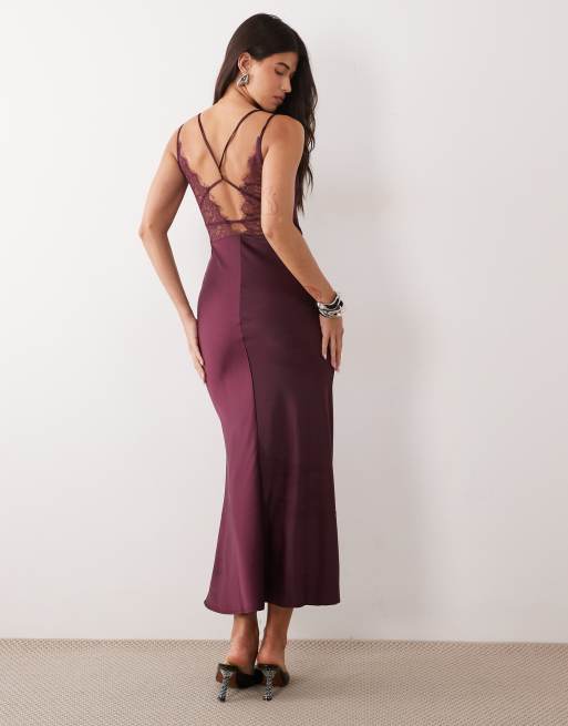 YAS vestido maxi lencero satinado con inserto de encaje en burdeos, 4 de 4