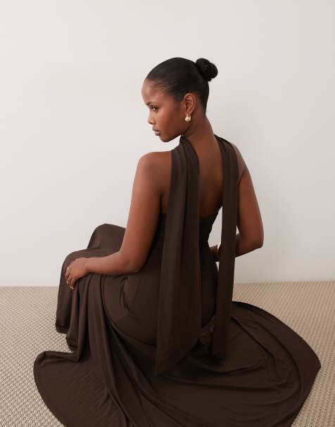 YAS - vestido maxi palabra de honor con cintura caída y detalle de pañuelo en marrón chocolate - view 1
