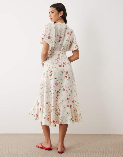 YAS - Vestido midi blanco cruzado con estampado floral botánico de satén, 2 de 4