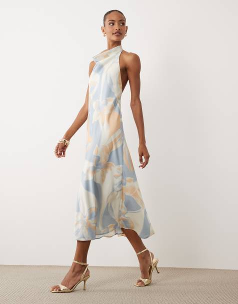 YAS - Vestido midi sin mangas con cuello subido desbocado y estampado floral abstracto estilo acuarela de satén - view 1